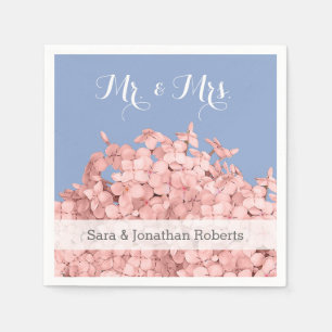 Pink Hydrangea, Serenity Blue Personalised Wedding Napkin