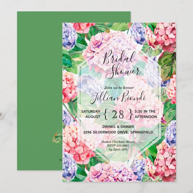 Pink Hydrangea Watercolor Bridal Shower Invitation (Front/Back)
