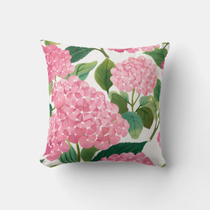 Pink Hydrangea Watercolor Floral Coastal Cushion