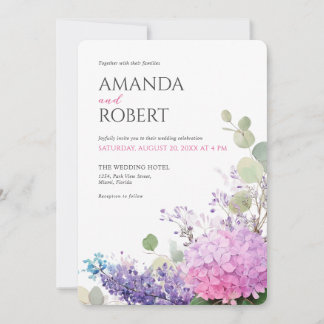Pink Hydrangea Watercolor Flowers Elegant Wedding Invitation