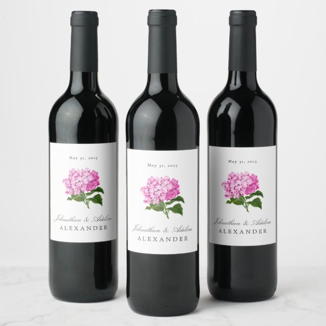 Pink Hydrangea Wedding Date and Names Wine Label (Bottles)