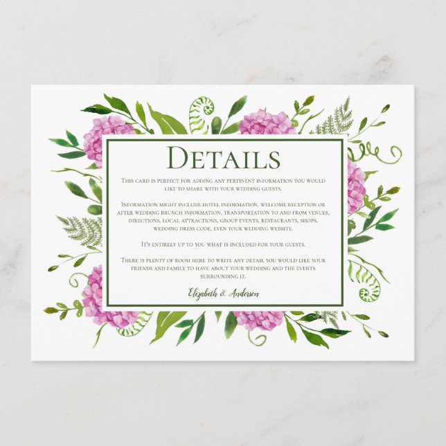 Pink Hydrangea Wedding Details Enclosure Card (Front)
