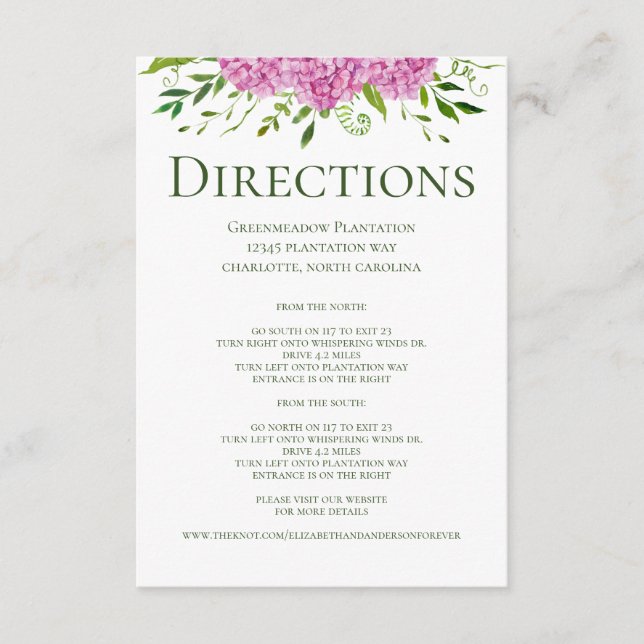Pink Hydrangea Wedding Directions Enclosure Card (Front)
