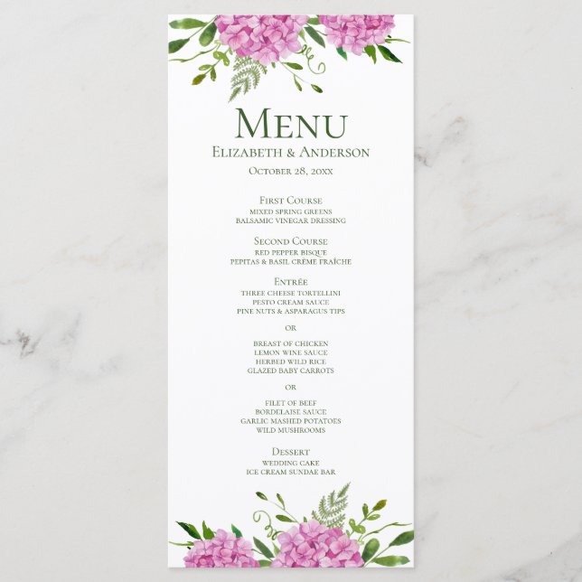 Pink Hydrangea Wedding Menu (Front)