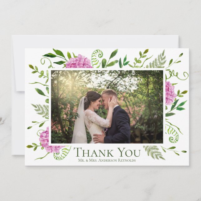 Pink Hydrangea Wedding Photo Thank You Card (Front)