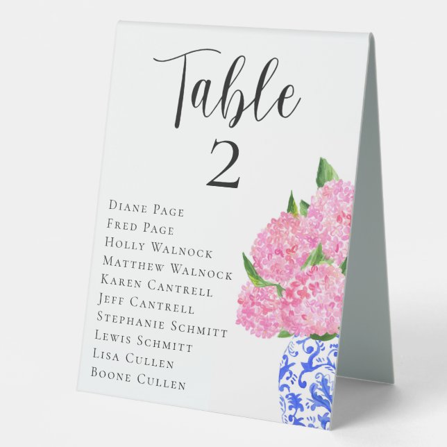 Pink Hydrangea Wedding Seating Chart Table Numbers (Front)