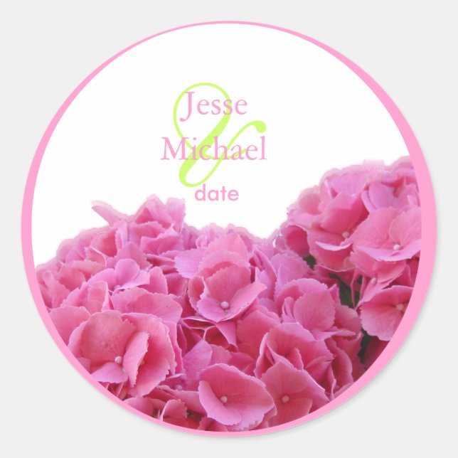 Pink Hydrangea wedding stickers, custom trim Classic Round Sticker (Front)