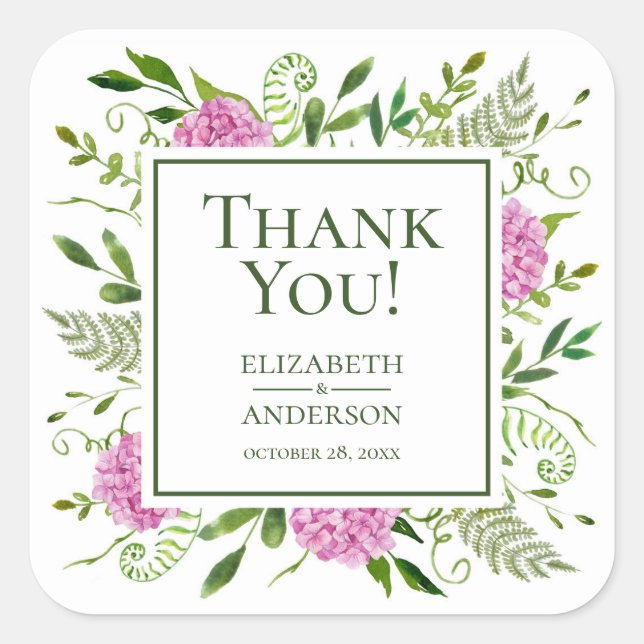 Pink Hydrangea Wedding Thank You Square Sticker (Front)