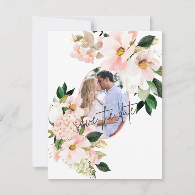 Pink Hydrangea White Tulips Photo Wedding  Save The Date (Front)