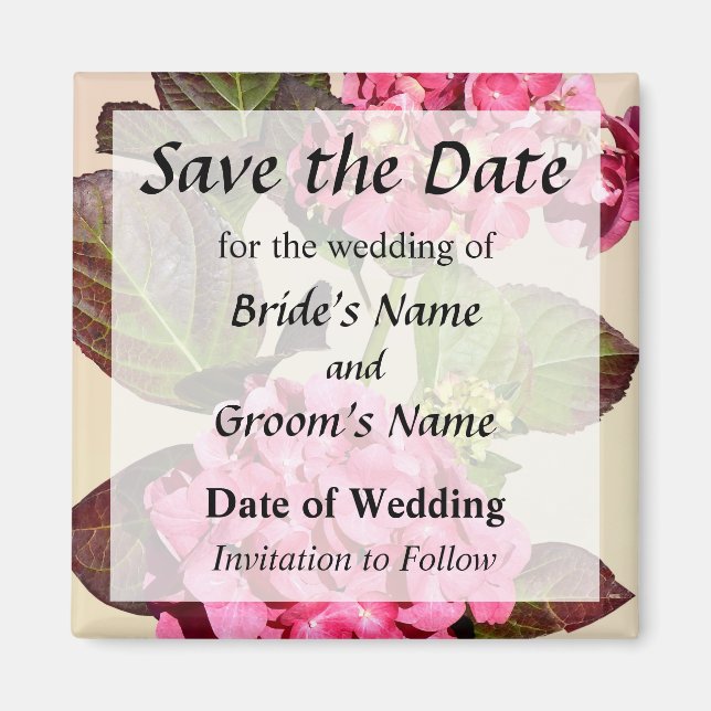 Pink Hydrangea With Leaves Save the Date Magnet (Front)