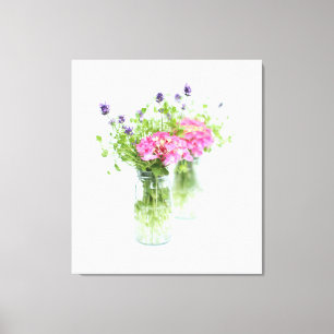 pink hydrangea with pea shoots canvas print