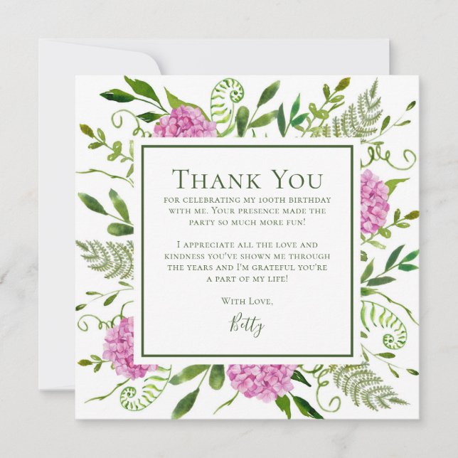 Pink Hydrangeas 100th Birthday  Thank You Card (Front)
