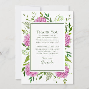Pink Hydrangeas 40th Birthday Thank You Card