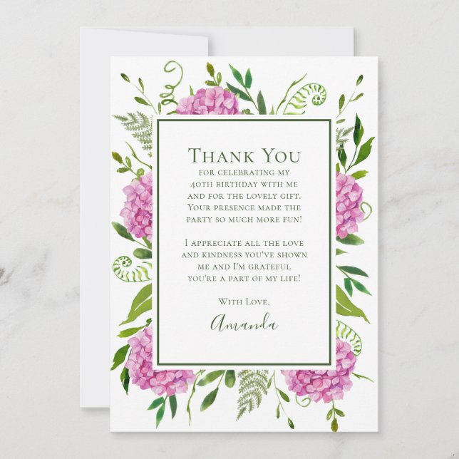 Pink Hydrangeas 40th Birthday  Thank You Card (Front)
