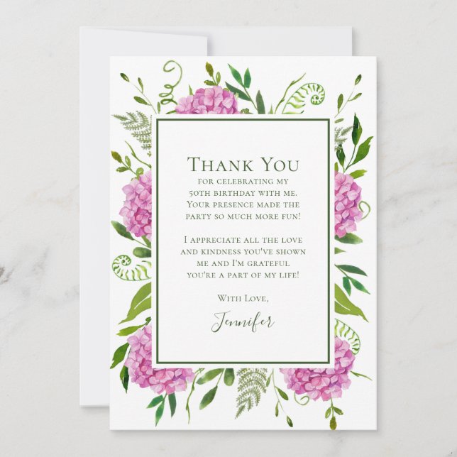 Pink Hydrangeas 50th Birthday  Thank You Card (Front)