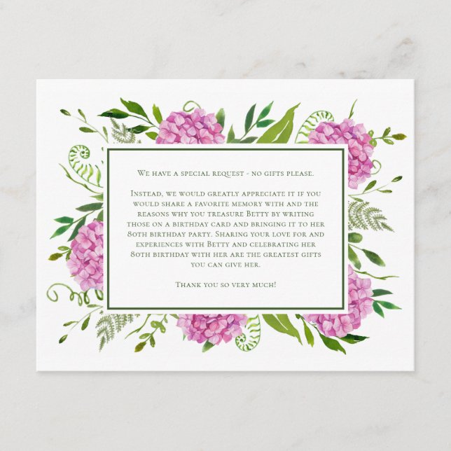 Pink Hydrangeas 80th Birthday Card Request (Front)