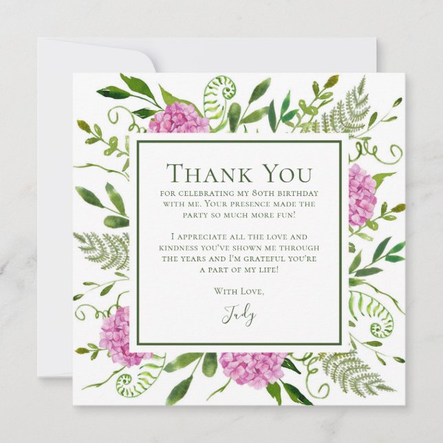 Pink Hydrangeas 80th Birthday  Thank You Card (Front)