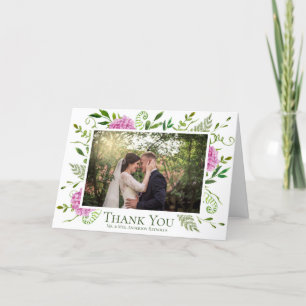 Pink Hydrangeas Floral Watercolor Wedding Photo Thank You Card