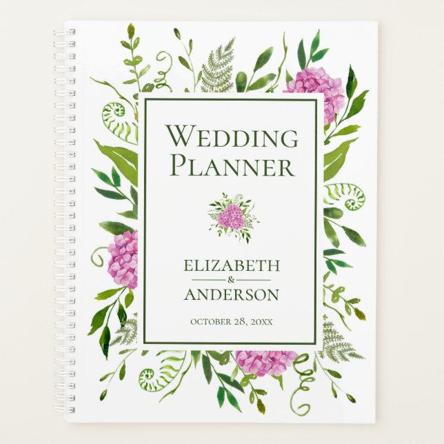 Pink Hydrangeas Floral Watercolor Wedding Planner (Front)