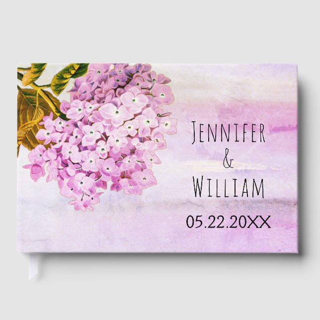 Pink hydrangeas floral wedding guest book (Front)