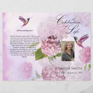 Pink Hydrangeas Hummingbird Funeral Program Flyer