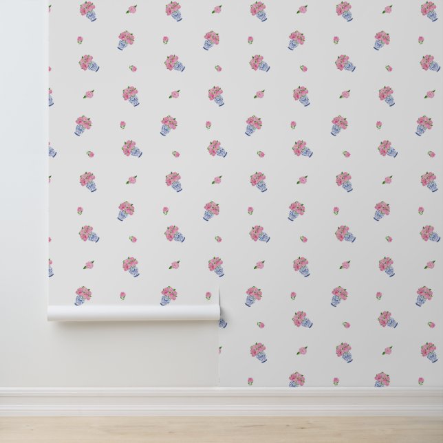 Pink Hydrangeas in Blue Chinoiserie Vase & Blooms Wallpaper (Application)