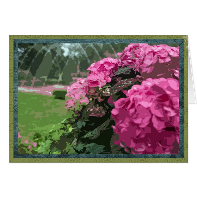 Pink hydrangeas in formal garden (Front Horizontal)