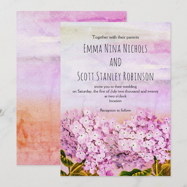 Pink hydrangeas watercolor wedding invitation (Front/Back)