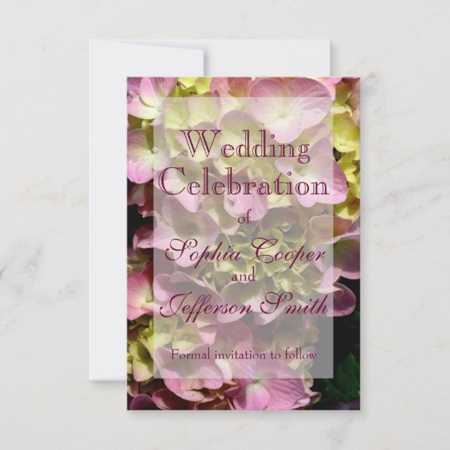 Pink Hydrangeas yellow pink green floral Wedding Save The Date (Front)