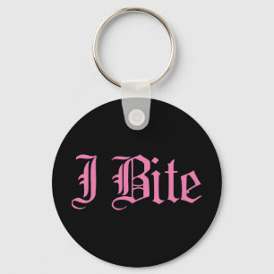 Pink "I Bite" Text Key Ring