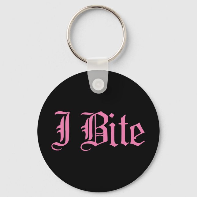 Pink "I Bite" Text Key Ring (Front)