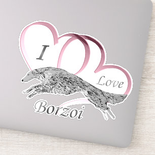 Pink I Love Borzoi Die Cut Vinyl Sticker