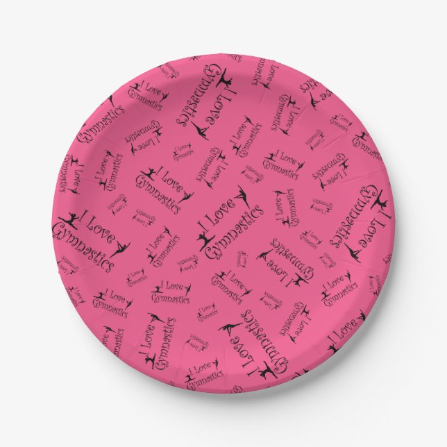 Pink I love gymnastics Paper Plate (Front)