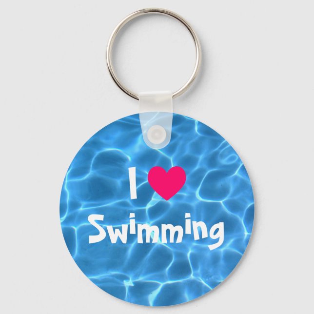 Pink I Love Swimming Blue Swimming Pool Key Ring (Front)