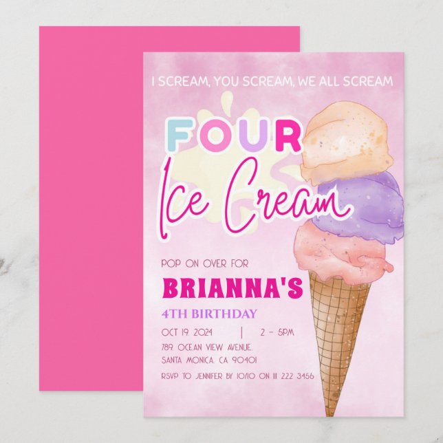 Pink Ice Cream 4th Birthday Summer Girl Invitation (Front/Back)