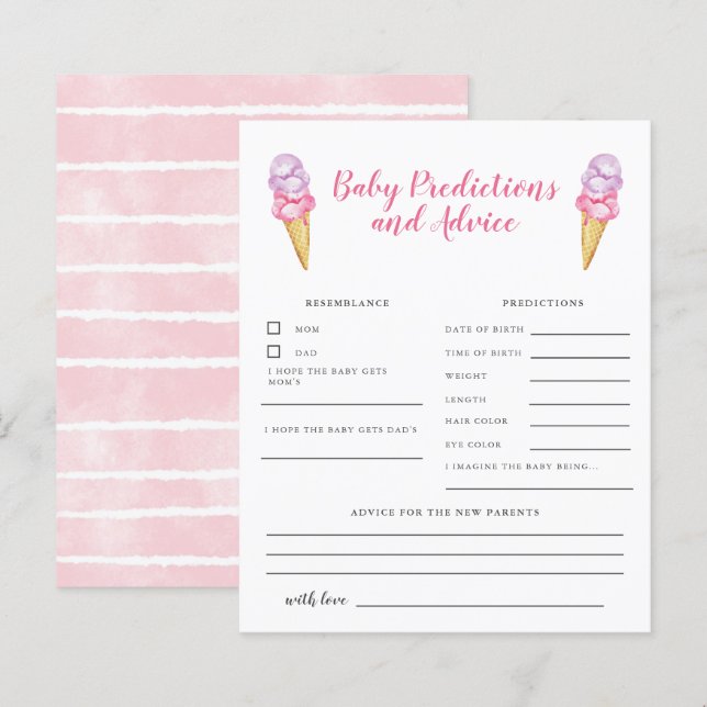 Pink Ice Cream Baby Predictions & Advice Card (Front/Back)