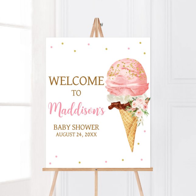 Pink Ice Cream Baby Shower Welcome Poster (Here is the Scoop Baby Shower Welcome Sign)