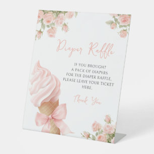 Pink Ice Cream Bow Floral Baby Diaper Raffle Sign