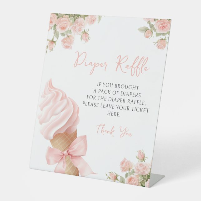 Pink Ice Cream Bow Floral Baby Diaper Raffle Sign (Front)