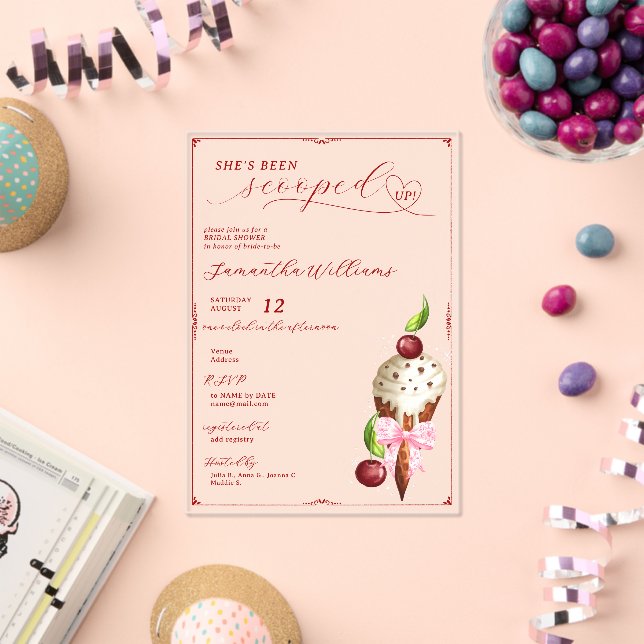 Pink Ice Cream Cherry Red Scooped Up Bridal Shower Acrylic Invitations (Insitu (Celebration))