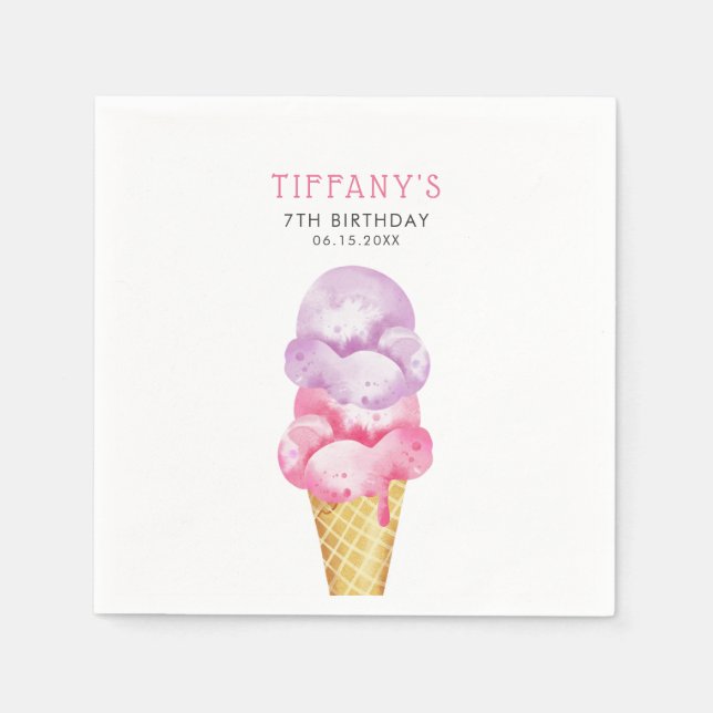 Pink Ice Cream Cone Birthday Party Napkin (Front)