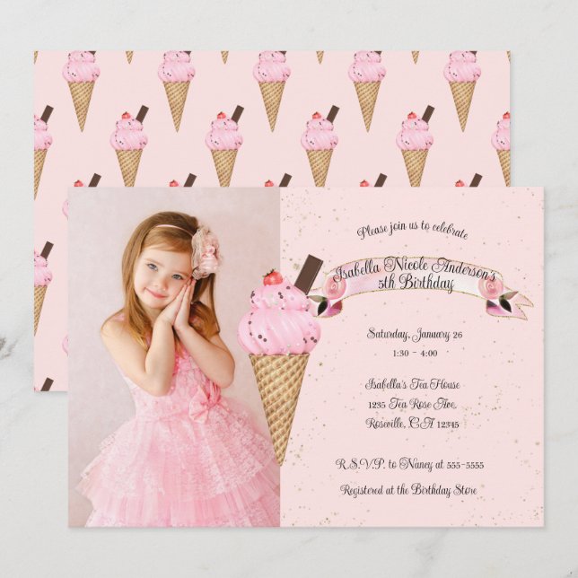 Pink Ice Cream Cone Birthday Party Photo   Invitation (Front/Back)