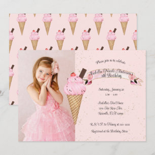 Pink Ice Cream Cone Birthday Party Photo Invitation
