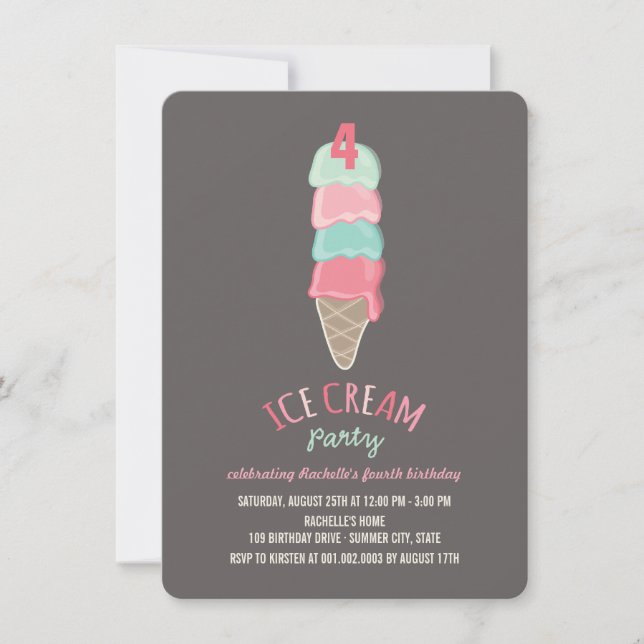 Pink Ice Cream Cone Girl 4th Birthday Party Invite (Front)