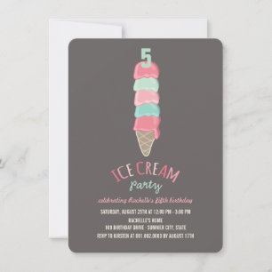 Pink Ice Cream Cone Girl 5th Birthday Party Invite