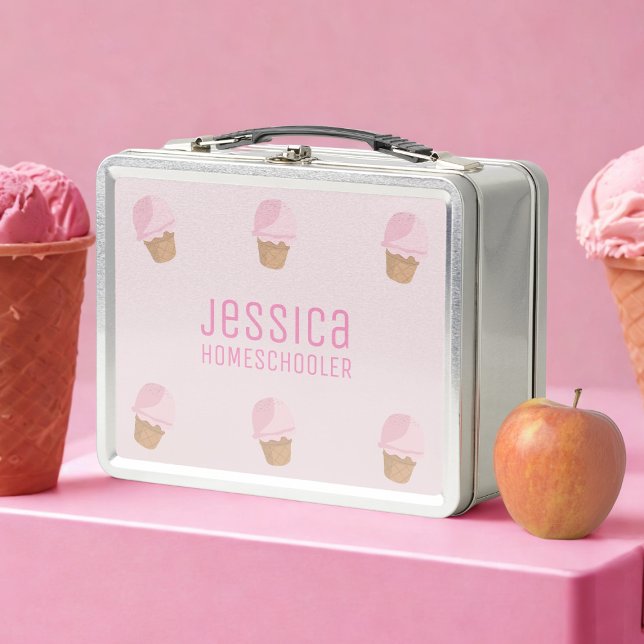 Pink Ice Cream Cone Girl's School Metal Lunch Box (Just add your name to this cute metal lunch box!)