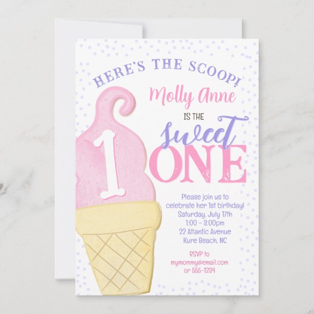 Pink Ice Cream Cone Polka Dots 1st Birthday Girl Invitation (Front)