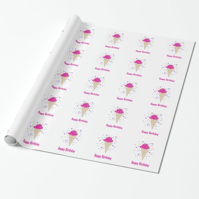 Pink Ice Cream Cones Wrapping Paper (Unrolled)