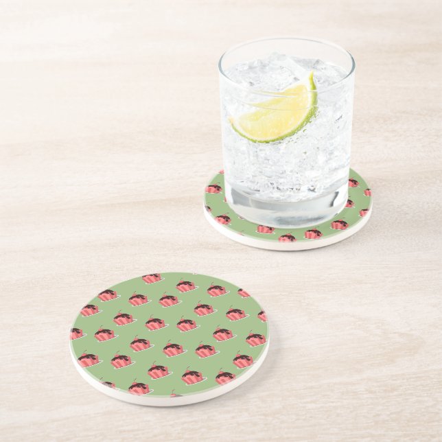 Pink ice cream cups on green coaster (Side)