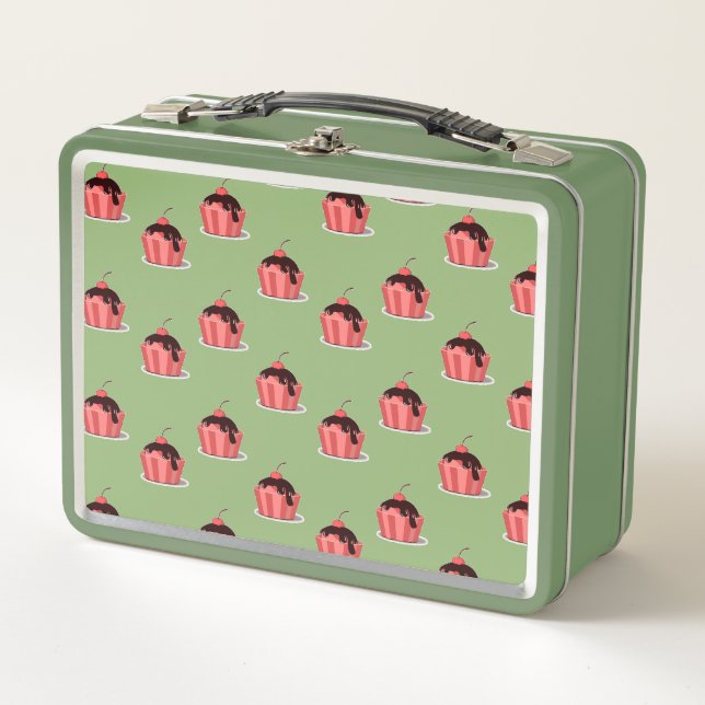 Pink ice cream cups on green metal lunch box (Front)